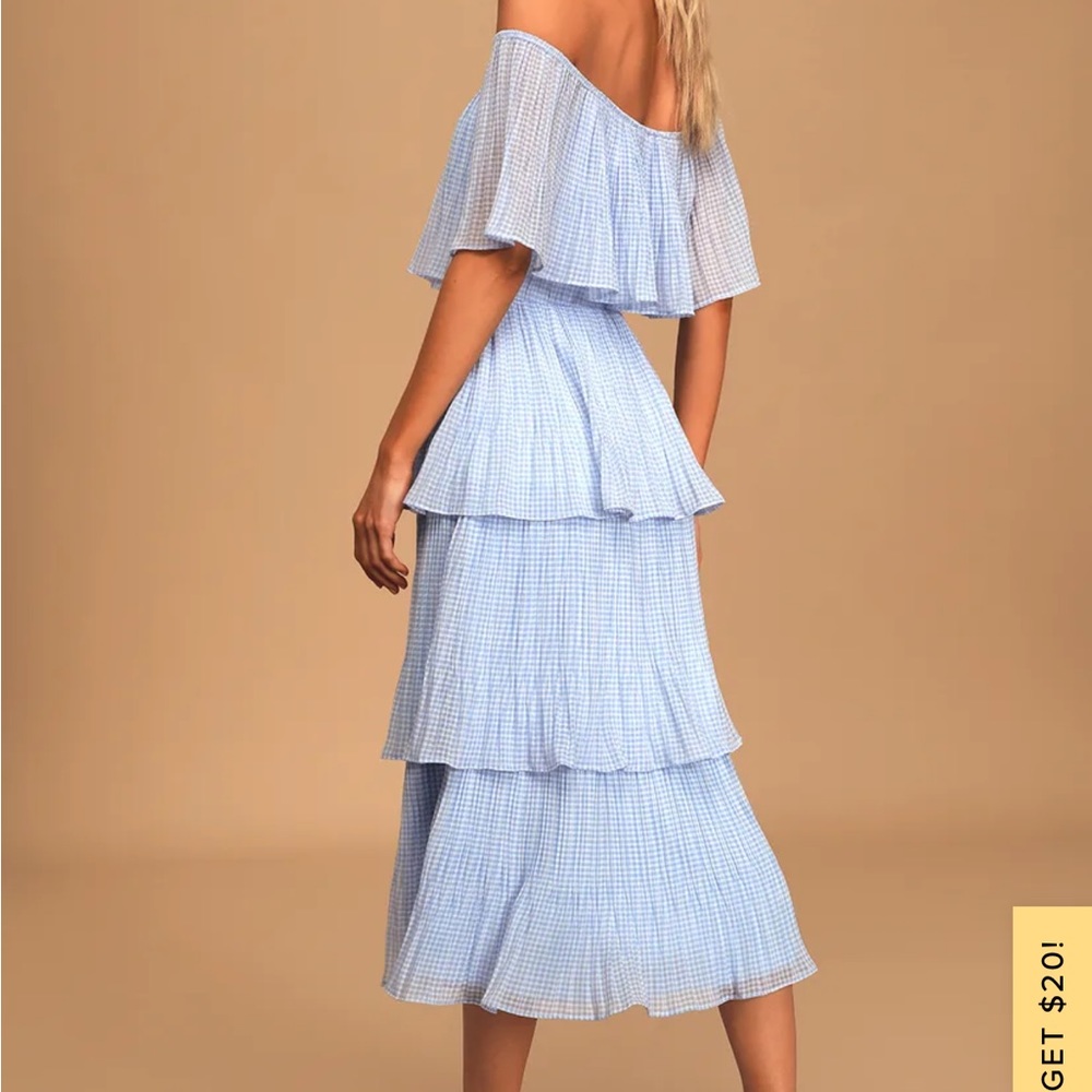 COPY - Lulu’s Gala Ready Light Blue Gingham Off-the-Shoudler Ruffle Midi Dress